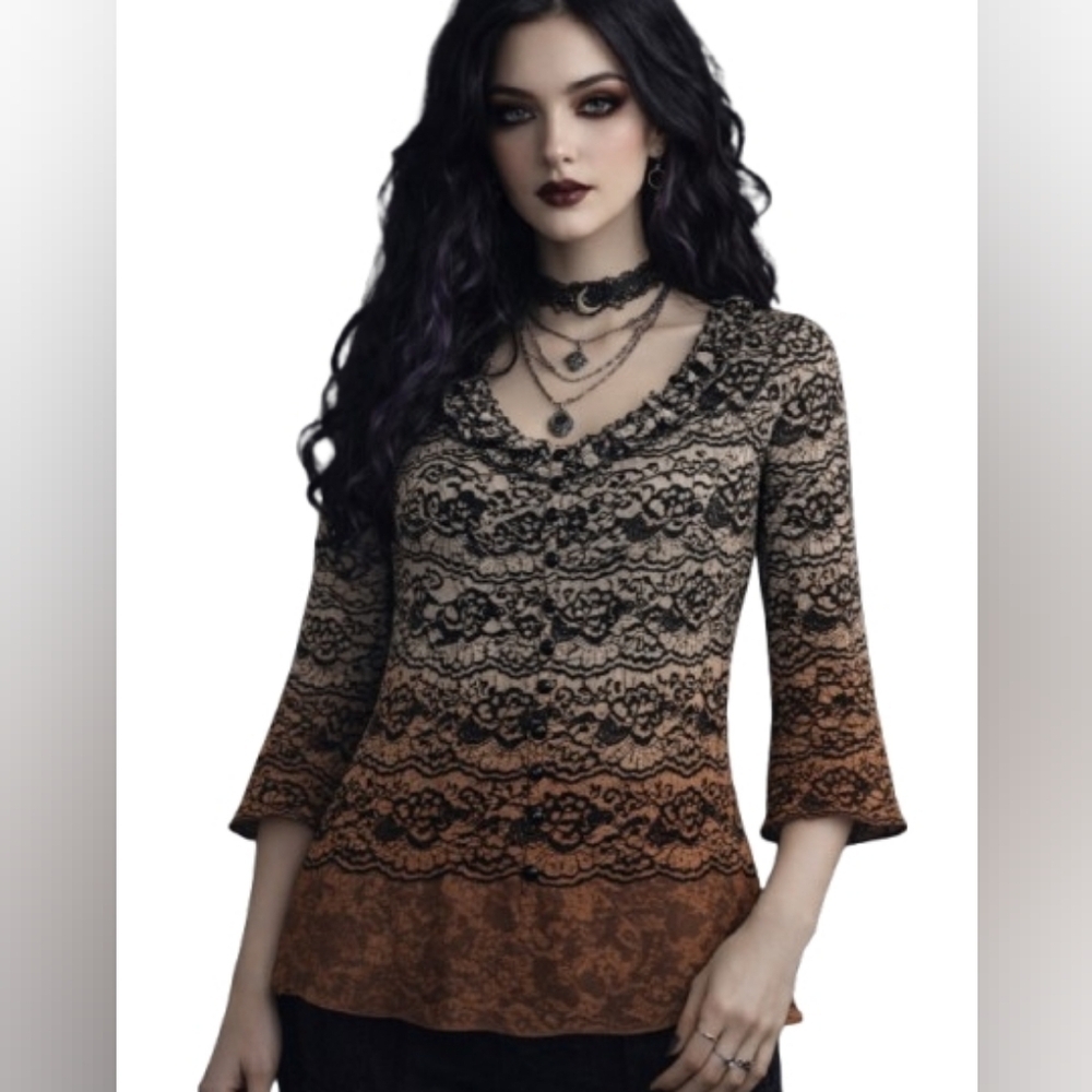 NY Collection Lace Patterned Size M Ruffle Neck Bell Sleeve Top Fairy Whimsical